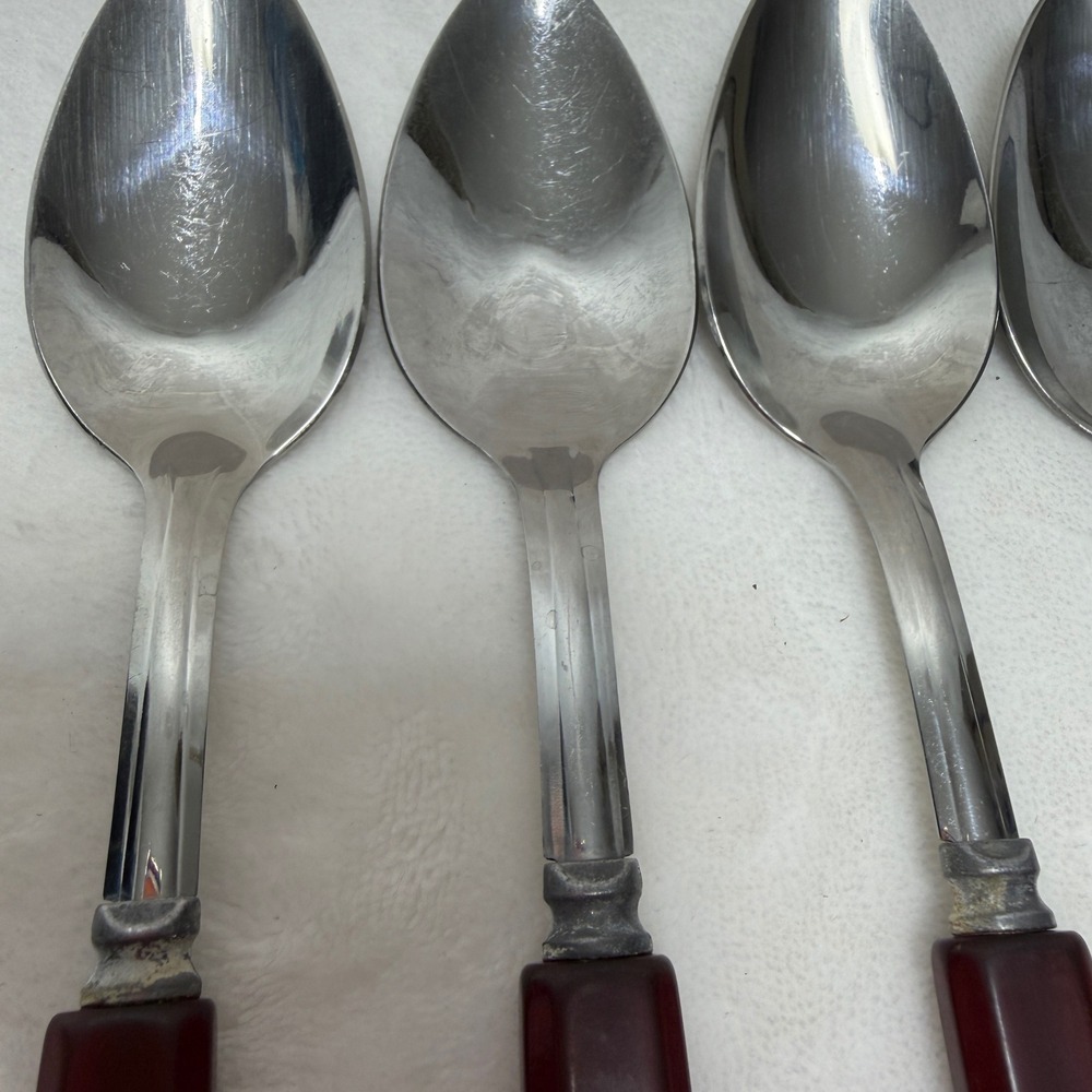 VTG Red Bakelite Handle Stainless Steel Spoons Set of 5 Mid-Century Art Deco - Picture 5 of 14